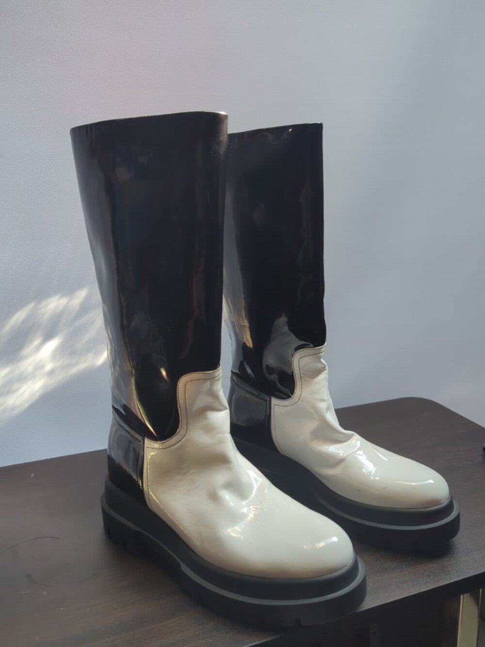 RRP€230 LE BABE Leather High Boots US9 EU41 Black White Chunky Heel Made Italy